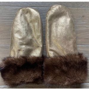 COACH Gold Leather Mink-Lined Mittens